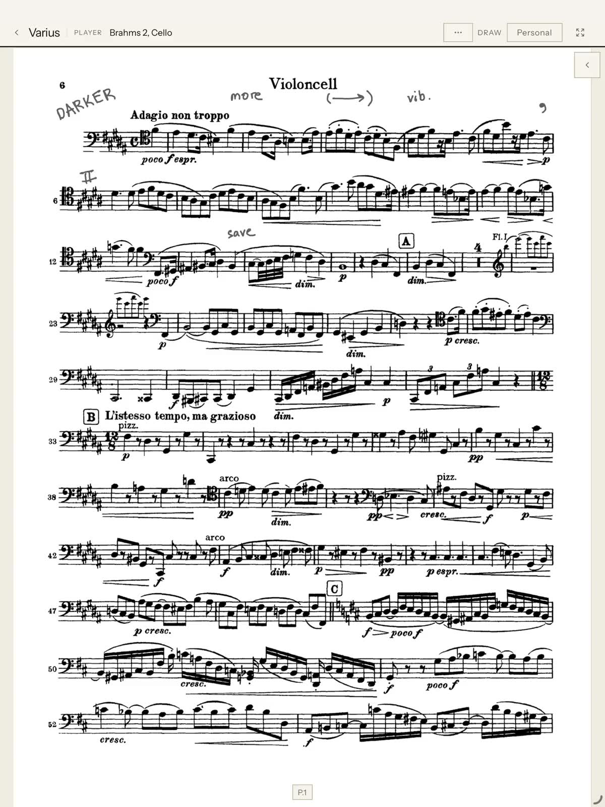 Section member's iPad: the same passage. The principal's bowing arrives and lands on the screen.