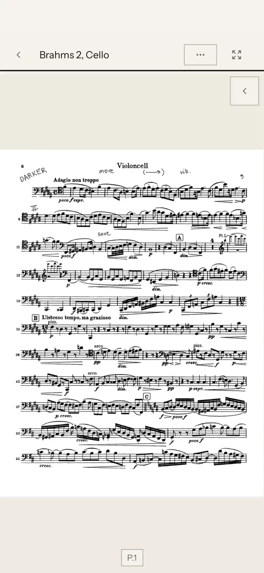 Section member's iPhone: the same passage, view-only. The principal's bowing arrives on the screen.
